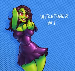 1girls armpits banjo-kazooie big_breasts black_hair breasts character_request cleavage clothed copyright_request female_focus female_only game_over_gruntilda gruntilda halloween highres looking_at_viewer nortuet red_eyes revealing_clothes short_hair simple_background smile solo wide_hips