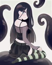 aria_(parororo) aria_wintermint black_hair black_skirt blush borrowed_character choker detached_sleeves goth green_eyes hair_over_one_eye long_hair looking_back louistrations pale-skinned_female pale_skin pleated_skirt sitting skirt stockings tentacle wariza