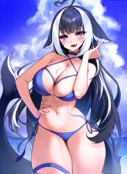 ahoge beach bikini bikini_bottom bikini_top blue_bikini body_markings hand_on_hip indie_virtual_youtuber multicolored_hair orca_tail sbgu shylily smug virtual_youtuber