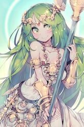 1girls bare_shoulders blue_background cleavage clothed fully_clothed goddess green_eyes green_hair kid_icarus nintendo palutena parororo solo source_request staff tagme