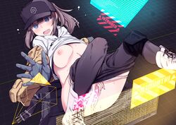 belt belt_buckle black_legwear blue_eyes blush breasts buckle clothes_lift dier_(girls'_frontline) dima_(girls'_frontline) female girls'_frontline gloves grey_gloves hat high_ponytail highres jacket knee_pads large_breasts mishima_hiroji open_mouth panties pantyhose ponytail rule_63 sex single_glove underwear white_footwear yellow_jacket