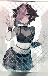 1girls amora_(parororo) female fence fishnets goth hair_over_one_eye midriff miniskirt multicolored_hair original parororo plaid_skirt pleated_skirt punk skirt solo solo_female source_request streetwear