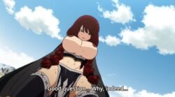 1girls battlefield beaten big_breasts breasts cape defeated edit fairy_tail female irene_belserion long_hair looking_down nipples nude_filter on_knees red_hair regret scar screenshot sitting subtitled