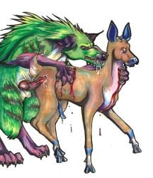 2013 anal anal_sex animal_genitalia animal_penis balls black_nose blood blue_markings blue_penis blue_tongue bodily_fluids canid canine canine_genitalia canine_penis canis claws crying cum cumshot deer dripping drooling duo ejaculation erection fangs feral fur genital_fluids genitals gloves_(marking) gore green_body green_fur gyr633 hooves imminent_rape knot leg_markings male male/male mammal marker_(artwork) markings masochism open_mouth orgasm penetration penis predator/prey saliva scratches sharp_teeth simple_background socks_(marking) story_at_source stripes tears teeth tongue traditional_media_(artwork) were werecanid werecanine werewolf white_background white_claws wolf wounded