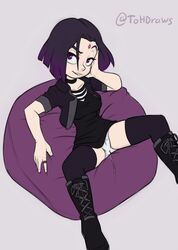 1girls bean_bag_chair black_dress boots cameltoe casual dc dc_comics dcau dress female forehead_jewel goth goth_girl little_black_dress panties purple_eyes purple_hair pussy_juice rachel_roth raven_(dc) smile solo spread_legs straight_hair teen_titans the_other_half thighhighs updress upskirt wet wet_panties white_panties