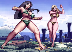 2girls barefoot big_breasts bikini black_hair blonde_hair breasts commission gareit0 giantess long_hair multiple_girls source_request tagme thick_thighs