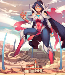 1girls bare_shoulders black_hair blue_eyes boots commission gareit0 giantess irelia_xan league_of_legends long_hair source_request tagme thick_thighs tight_clothing