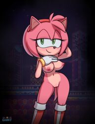 amy_rose anthro boots breasts female gloveghost gloves hair half-closed_eyes hedgehog mammal navel nipples nude pink_body pink_hair pinup pose pussy smile solo sonic_(series) tan_body