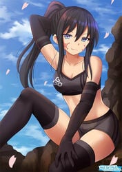 1girls black_hair blue_eyes breasts cherry_blossoms clothed cloud elbow_gloves eyebrows_visible_through_hair female female_only gloves gun_gale_online hand_behind_head hand_on_leg kazenokaze long_hair lowres medium_breasts pitohui_(sao) ponytail shorts sitting sitting_in_tree sky smile solo sports_bra sword_art_online tattoo thighhighs tree