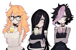 3girls amora_(parororo) aria_(parororo) aria_wintermint black_hair blush blushing breasts bubble_tea_challenge dyed_hair female fishnets freckles glasses goth green_eyes hair_over_one_eye kaz_(parororo) long_hair orange_hair original parororo purple_eyes short_hair source_request streetwear tagme tank_top