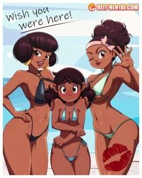 3girls age_difference big_breasts bikini blush blushed brown_eyes brown_hair brown_skin cameltoe cartoon_network connie_maheswaran dark-skinned_female dark_skin english_text height_difference indian jenny_pizza kiki_pizza kiss_mark looking_at_viewer postcard reit short_hair shy steven_universe steven_universe_future swimsuit tiny_bikini triple_chocolate twins watermark