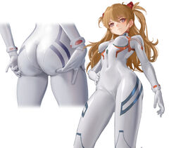 >:) ass ass_support asuka_langley_sohryu blue_eyes bodysuit breasts brown_hair closed_mouth clothing covered_navel cropped_legs d8800880 evangelion:_3.0+1.0_thrice_upon_a_time female from_behind from_below gloves gluteal_fold hand_on_hip highres long_hair looking_at_viewer looking_down multiple_views neon_genesis_evangelion plugsuit simple_background skin_tight small_breasts smile two_side_up v-shaped_eyebrows white_background white_bodysuit white_gloves