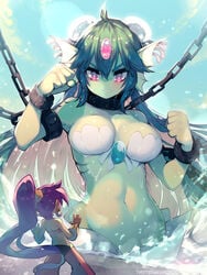 2girls angry bare_midriff belly_button bra chains female fish_girl giantess giga_mermaid green_skin long_hair mermaid mermaid_giantess monster_girl navel parororo purple_hair red_eyes shantae shantae_(character) smaller_female smooth_skin source_request tagme