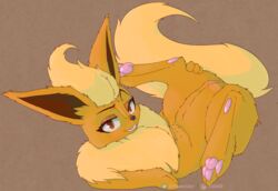 digital_media_(artwork) eeveelution female feral flareon fur furry furry_only genitals hair hi_res looking_at_viewer looking_back mammal nintendo nude pawoo pokémon_(species) pokemon pussy simple_background smile solo tail video_games