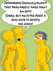 1girls 2boys balls bart_simpson breasts brother_and_sister evilweazel foreskin humiliation incest lisa_simpson milhouse_van_houten nipples partially_retracted_foreskin small_penis small_penis_humiliation speech_bubble tagme text the_simpsons uncut