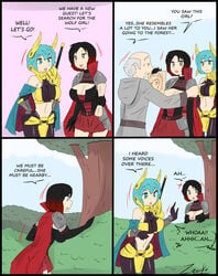 1boy 2girls alternate_costume alternate_universe clothing comic english_text fantasy female fully_clothed human large_breasts male multiple_girls rance_(series) ruby_rose rwby text yulang_mirage zronku