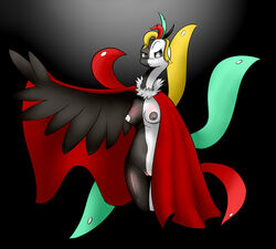 anthro avian black_background breasts cape clothing dramsama fakémon feathered_wings feathers female floofingfluff frown genitals hi_res navel nintendo nipples nude pokémon_(species) pokemon pokemon_uranium pussy simple_background solo video_games wings