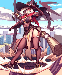 1girls broom cleavage corset gareit0 giantess mercy overwatch solo solo_female source_request tagme thighhighs wings witch witch_costume witch_hat