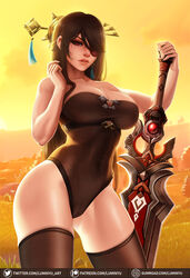 1girls abs bare_shoulders beidou_(genshin_impact) big_breasts black_hair boobs breasts brown_hair cleavage cleavage_cutout eye_patch female female_focus female_only genshin_impact large_breasts leotard long_hair looking_at_viewer luminyu red_eyes solo solo_focus sword thick_thighs thighs very_long_hair warrior
