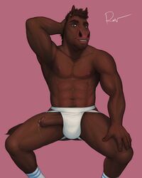 4:5 abs anthro biped bodily_fluids brown_body brown_fur clothing cum ear_piercing ear_ring equid equine fur furry genital_fluids genitals hi_res horse humanoid_genitalia humanoid_penis jockstrap male male_only mammal penis piercing precum rov solo underwear