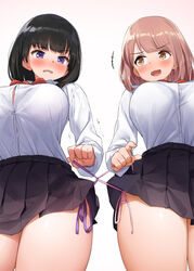 2girls busty curvaceous curvy huge_breasts kaisen_chuui looking_at_another looking_at_partner looking_to_the_side original pulling_panties school_uniform schoolgirl schoolgirl_uniform string_panties thick thick_thighs wide_hips