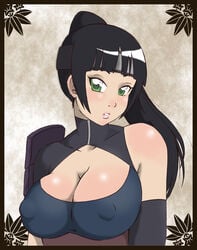 1girls armwear big_breasts black_hair blunt_bangs blush breasts cleavage clothing cutout detached_sleeves female female_only forehead_protector green_eyes headband huge_breasts long_hair looking_at_viewer naruto naruto_(series) naruto_shippuden nipples ponytail puffy_nipples shirt shizuka_(naruto) shoulder_pads sleeveless_shirt tied_hair tonxubramando upper_body