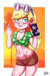 1girls belly blonde_hair breasts cellphone cleavage eyebrows_visible_through_hair female female_only flannel_shirt green_eyes holding_cellphone holding_object leni_loud lollipop looking_at_viewer midriff navel nipple_bulge phone radiobx revealing_clothes short_shorts shorts skimpy skimpy_clothes smile solo solo_female solo_focus sunglasses sunglasses_on_head the_loud_house thick thick_thighs thighs wide_hips