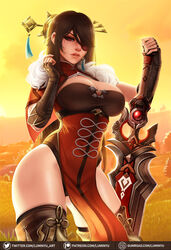 1girls abs beidou_(genshin_impact) big_breasts black_hair boots breasts brown_hair cleavage cleavage_cutout clothed clothing eye_patch female female_focus female_only genshin_impact heel_boots large_breasts long_hair looking_at_viewer luminyu outfit red_eyes solo solo_focus sword thick_thighs thigh_boots thighhigh_boots thighs very_long_hair warrior