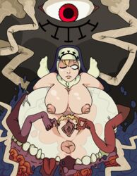 asshole big_breasts big_eye blank_eyes blonde_hair body_horror double_(skullgirls) horny_horns nun nun's_habit red_eyes self_upload skullgirls spread_pussy teeth tongue_out veins