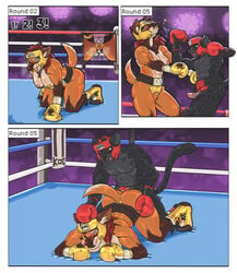 2021 abs anthro areola better_version_at_source blush bodily_fluids boots boxing_gloves canid canine clothing comic competition crotchless_bottomwear crotchless_clothing dcheese digital_media_(artwork) felid female fighting_ring footwear genital_fluids genitals handwear headgear hi_res humanoid_genitalia jaguar koc male male/female mammal maned_wolf muscular muscular_male nipples pantherine penetration penis pussy_juice saliva sex sexfight sexual_competition thong turnbuckle underwear uppercut vaginal_penetration