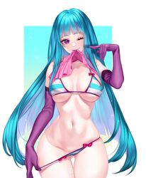 bikini blue_hair elbow_gloves licking_lips lifted_skirt me!me!me! meme_(me!me!me!) panty_pull purple_eyes ringeko_chan skirt_lift thick_thighs tongue_out wink