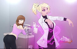 2girls blizzard_entertainment blonde_hair d.va hypnosis lab_coat labcoat mercy mind_control overwatch yoga_pants zko