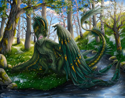 2021 claws day detailed_background digital_media_(artwork) dragon drerika feathered_dragon feathered_wings feathers feral forest fur furred_dragon grass horn male outside plant sky solo tree water wings wyvern