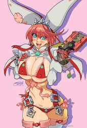 1girls bikini blaster blue_eyes blush bunny_ears cleavage darkereve elphelt_valentine female female_only fully_clothed guilty_gear gun headband looking_at_viewer red_bikini red_bikini_bottom red_bikini_top red_bra red_hair red_panties revealing_clothes skimpy_clothes solo stockings tagme underwear