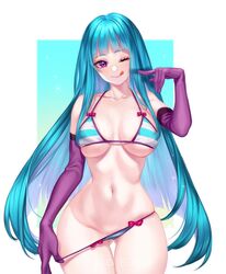 bikini blue_hair elbow_gloves licking_lips me!me!me! meme_(me!me!me!) panty_pull ringeko_chan tongue_out wink