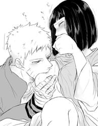 1boy 1boy1girl 1girls bandaged_arm bandages blunt_bangs blush bob_cut boruto:_naruto_next_generations breast_grab breast_sucking breasts closed_eyes clothing couple covering_mouth female hal_(sakurajam) hand_on_mouth hyuuga_hinata jacket long_hair male moaning monochrome naruto naruto_(series) one_breast_out open_clothes oral pajamas shirt shirt_lift short_hair tears uzumaki_naruto whisker_markings