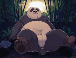 2021 absurd_res anthro anus ass balls bamboo belly black_body black_nose closed_eyes detailed_background dreamworks erection genitals giant_panda hi_res kung_fu_panda male male_only mammal master_po_ping mikrogoat outside overweight overweight_anthro overweight_male penis solo ursid white_body