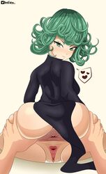 1boy 1girls anus ass ass_grab clothed deviltokyo green_eyes green_hair looking_back one-punch_man spread_anus spreading tatsumaki