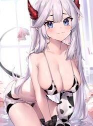 bikini cow_bikini cow_print cow_print_bikini cowkini demon_ears long_hair neonbeat succubus veibae virtual_youtuber vshojo white_hair