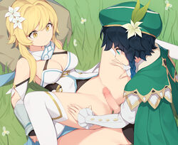 1boy bangs black_hair blush boots braid breasts ce-_-3 censored cleavage collared_capelet dress elbow_gloves female femboy femboy_on_female flower genshin_impact gloves golden_hair gradient_hair grass hair_flower hair_ornament has_uncensored_version hat hat_flower hetero imminent_sex imminent_vaginal large_breasts looking_at_viewer lumine_(genshin_impact) lying male male/female mosaic_censoring multicolored_hair on_back penis pepper0 rock short_hair short_hair_with_long_locks solo_focus spread_legs straight thigh_boots thighhighs twin_braids venti_(genshin_impact) white_dress white_flower white_legwear yellow_eyes