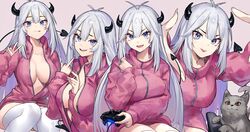 cleavage controller demon_horns feline flipping_off gamepad long_hair neonbeat ps4_controller succubus v_sign veibae virtual_youtuber vshojo white_hair