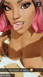 1girls 3d areolae blender breasts calamity_(fortnite) close-up completely_nude completely_nude_female curvy curvy_body curvy_female curvy_figure dark-skinned_female dark_skin detailed_background female female_focus female_only fortnite ghoulishxxx hand_on_breast laying_down laying_on_stomach medium_breasts multicolored_hair nipples nude nude_female on_stomach open_mouth outdoors outside page_2 page_number pool poolside presenting presenting_breasts selfie snapchat solo solo_female solo_focus text text_box tongue tongue_out two_tone_hair water watermark