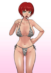 1girls akizora angry bikini danganronpa danganronpa_2:_goodbye_despair female freckles koizumi_mahiru large_breasts lecturing_viewer looking_at_viewer pubic_hair pubic_hair_peek red_hair red_pubic_hair solo solo_female straight_hair tan_skin zebra_bikini