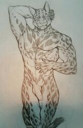 2020 abs anthro felid feline furry genitals hand_behind_head hi_res humanoid_genitalia humanoid_penis jacketbear male mammal monochrome muscular muscular_anthro muscular_male nipples nude penis sketch solo spots standing traditional_media_(artwork)