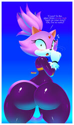 absurd_res accessory anthro ass big_butt biped blaze_the_cat blue_background blush bodysuit border clothed clothing domestic_cat english_text eyelashes felid feline felis female fur gloves hair_accessory hairband handwear head_tuft hi_res jewelry mamaminxmeat mammal open_mouth purple_body purple_clothing purple_fur rear_view simple_background skinsuit solo solo_focus sonic_(series) sonic_riders sonic_the_hedgehog_(series) standing surprised_expression text thick_thighs tight_clothing tuft white_border white_clothing white_gloves wide_hips yellow_eyes