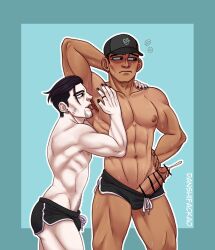 2boys abs armpit_hair artist_name baseball_cap black_hair black_swimwear censor_bar censored cumshot danshifackao_(artist) ear_studs erect_nipples erection erection_under_clothes exposed_penis eyelashes facial_hair facial_scar feet_out_of_frame flying_sweatdrops gay gay_incest gay_male_symbol gay_sex golden_kamuy hand_behind_head handsfree_orgasm height_difference incest licking_armpit looking_to_the_side male male/male male_only ogata_hyakunosuke painted_nails pale-skinned_male pecs penis_out pierced_ear pointless_censoring retracted_foreskin ring shirtless standing sweatdrops swimsuit tanned_skin tongue_out topless treasure_trail worried_look yaoi yuusaku_hanazawa