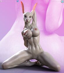 3d anthro big_breasts breast_grab breasts daz3d daz_3d daz_studio female genitals hand_on_breast lagomorph leporid loneclaw looking_at_viewer mammal pinup pose rabbit smile solo wet