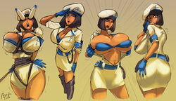 acrylictoon areolae ass awooga blue_eyes boots bound bra breasts egyptian eye_of_horus eyes_bugging_out female gloves hat huge_breasts looking_back military_uniform mole open_shirt rope salute sweat tied_up undressing wild_take