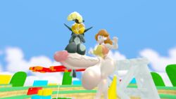 2girls 3d balancing big_balls big_breasts big_penis black_skin brown_hair crossover female_only futanari hair huge_cock human imp imp_midna mario_(series) mario_and_sonic_at_the_olympic_games midna mr.casino nintendo no_helmet_imp_midna princess princess_daisy sitting_on_penis the_legend_of_zelda twilight_princess worried_expression