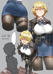 blonde_hair blue_eyes blue_skirt girls'_frontline pencil_skirt skirt tight_skirt triangle_bullet upskirt vsk-94_(girls_frontline)